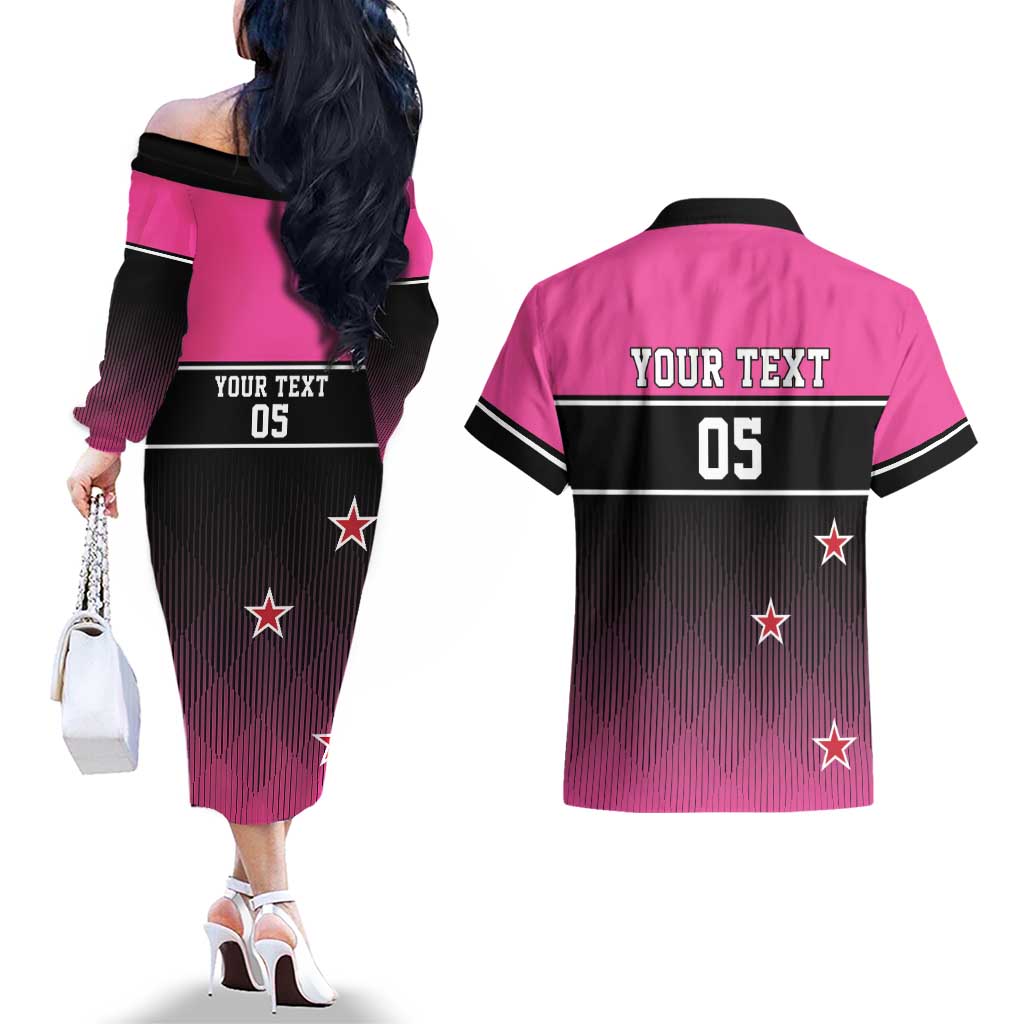 Custom New Zealand Women Cricket Couples Matching Off The Shoulder Long Sleeve Dress and Hawaiian Shirt Pink Simple Style
