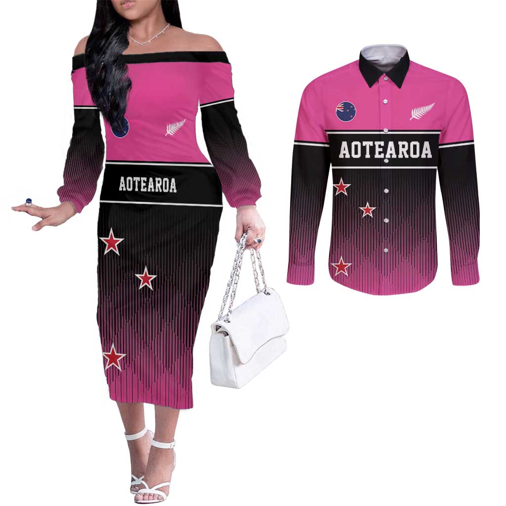 Custom New Zealand Women Cricket Couples Matching Off The Shoulder Long Sleeve Dress and Long Sleeve Button Shirt Pink Simple Style