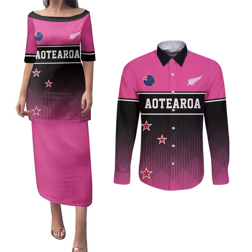 Custom New Zealand Women Cricket Couples Matching Puletasi and Long Sleeve Button Shirt Pink Simple Style