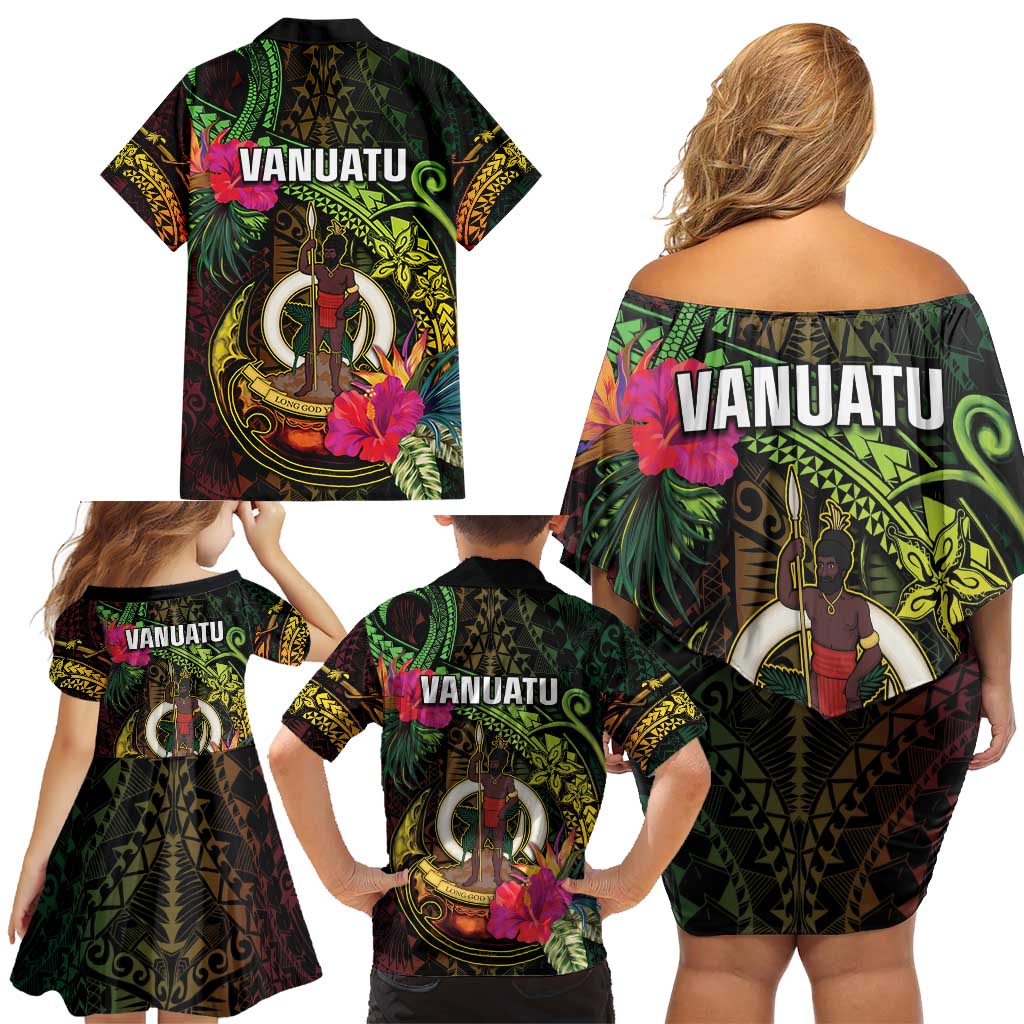 Vanuatu Family Matching Off Shoulder Short Dress and Hawaiian Shirt Be Strong Pray For Port Vila