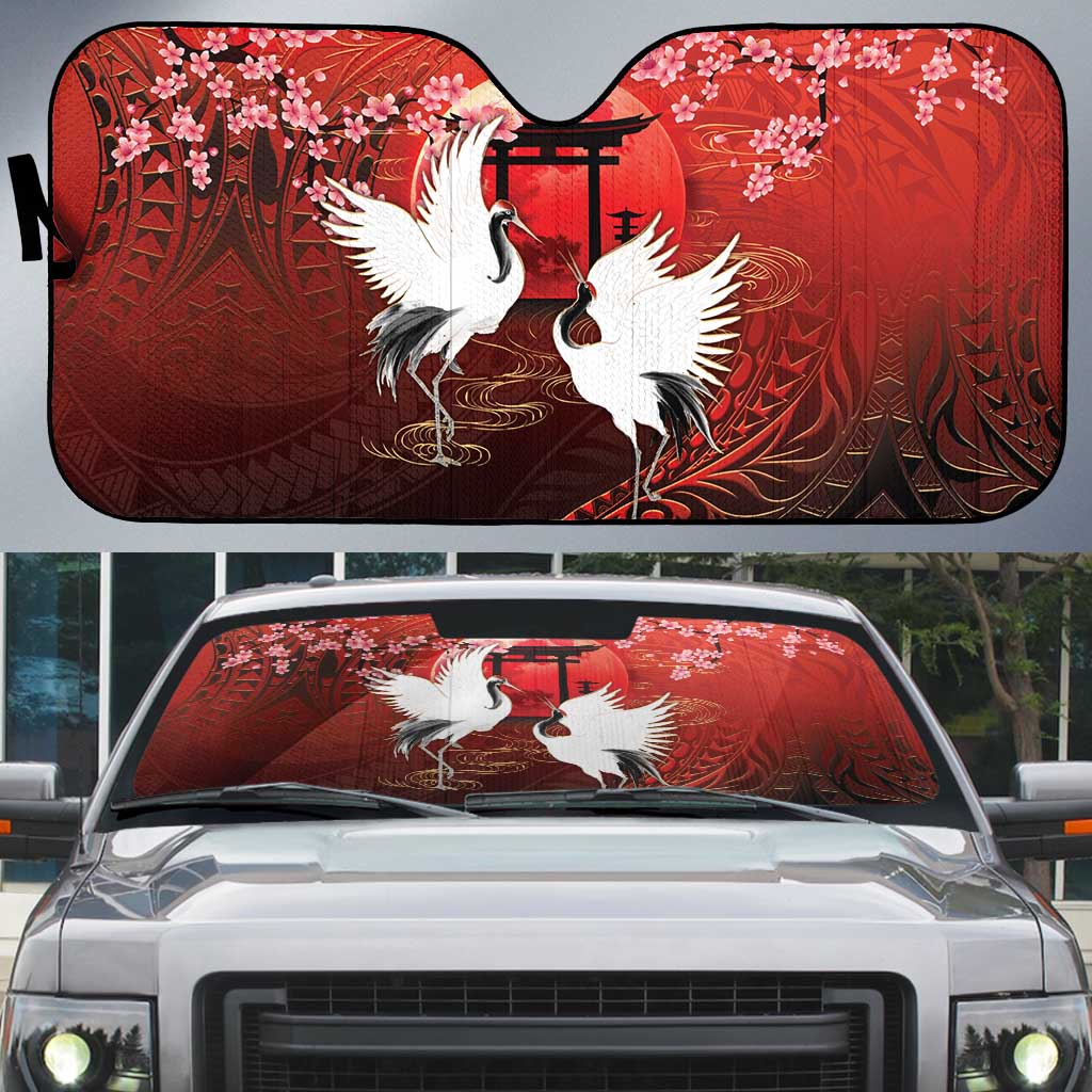 Hawaii and Japan Together Auto Sun Shade Polynesian Art Tattoo With Cranes And Sakura - Polynesian Pride