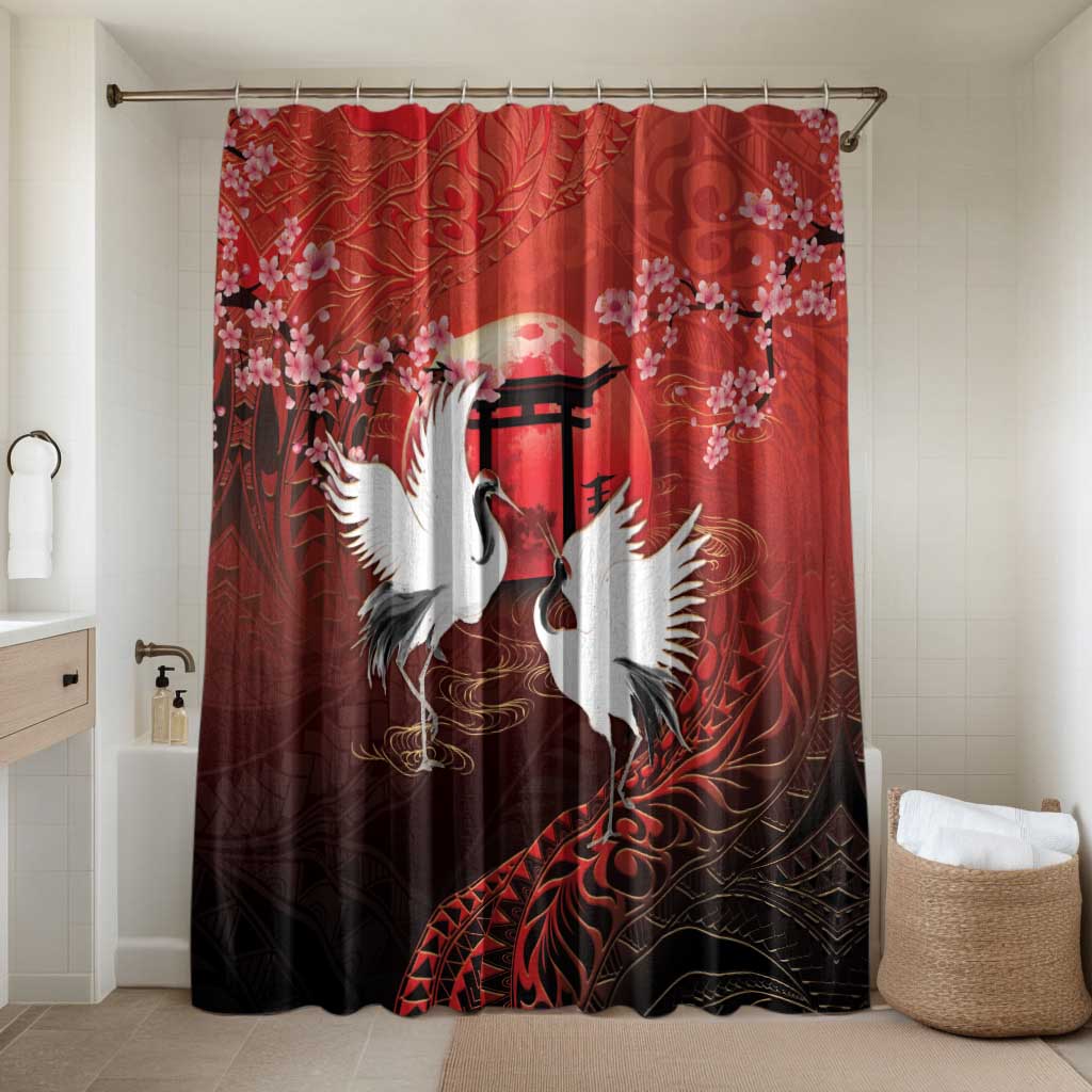 Hawaii and Japan Together Bathroom Set Polynesian Art Tattoo With Cranes And Sakura LT05 Shower Curtain Only Red - Polynesian Pride