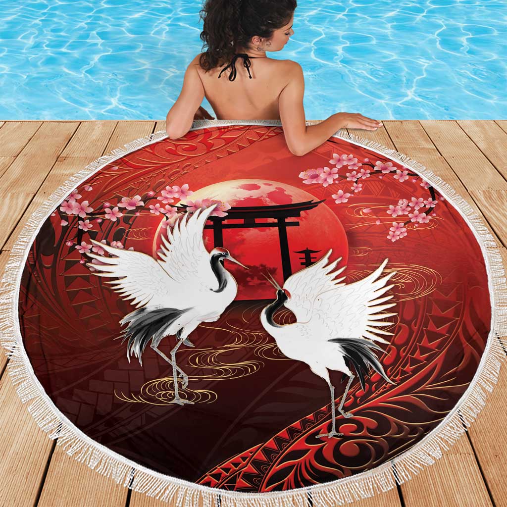 Hawaii and Japan Together Beach Blanket Polynesian Art Tattoo With Cranes And Sakura LT05 - Polynesian Pride