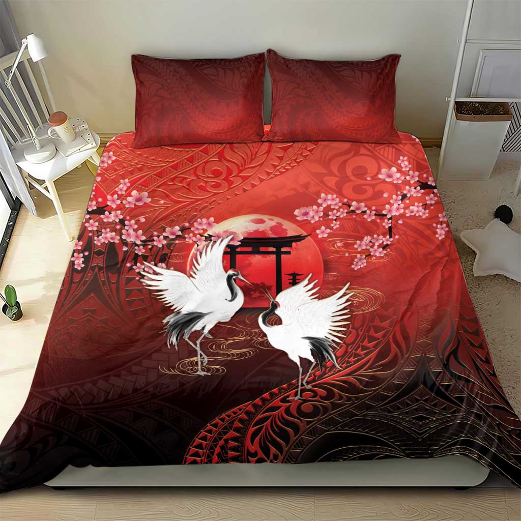 Hawaii and Japan Together Bedding Set Polynesian Art Tattoo With Cranes And Sakura LT05 - Polynesian Pride