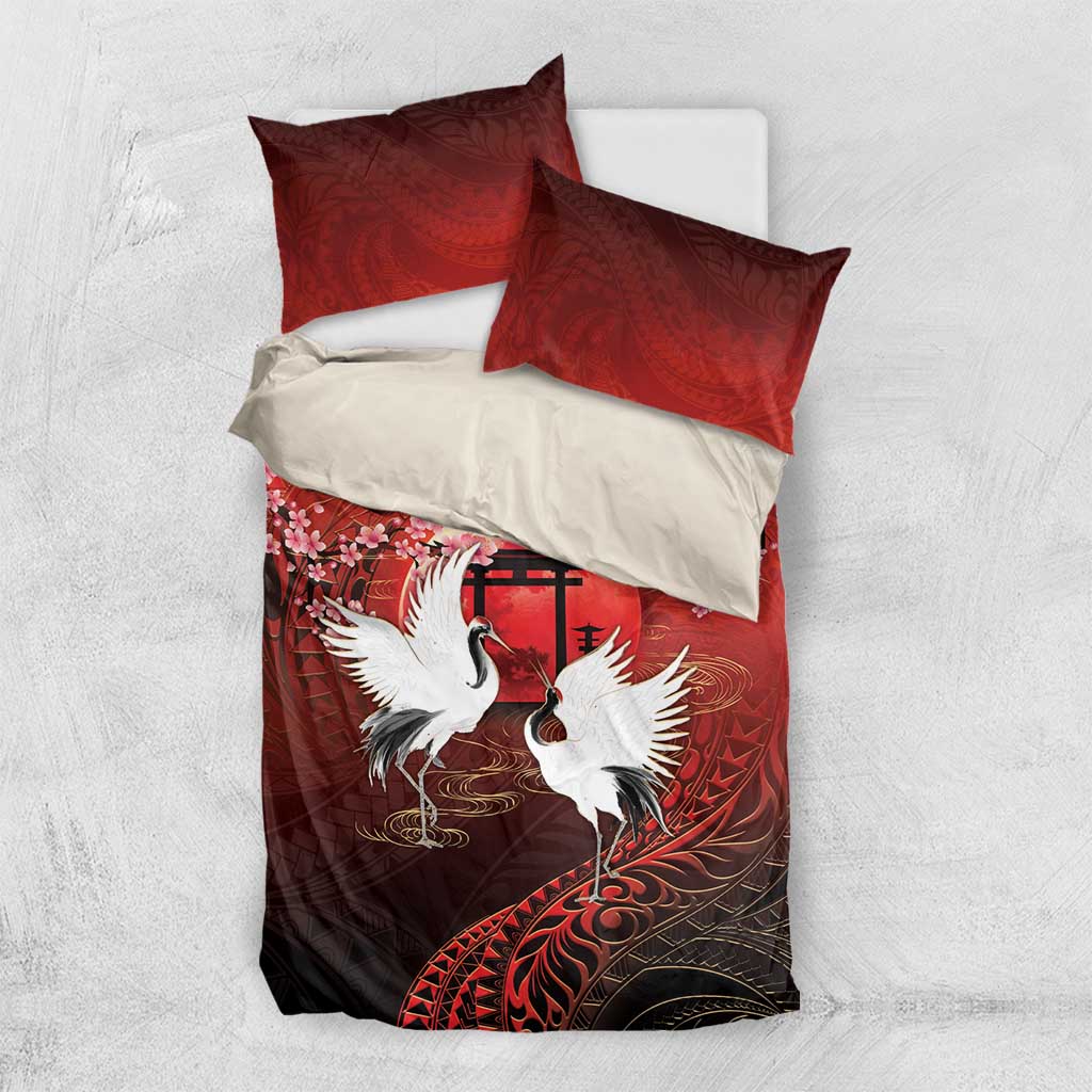 Hawaii and Japan Together Bedding Set Polynesian Art Tattoo With Cranes And Sakura LT05 US Twin 172cm x 218cm Red - Polynesian Pride