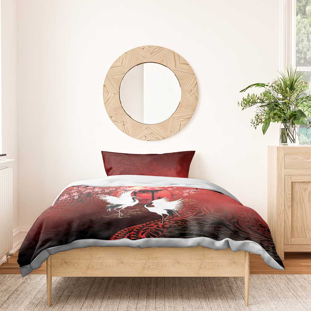 Hawaii and Japan Together Bedding Set Polynesian Art Tattoo With Cranes And Sakura LT05 - Polynesian Pride