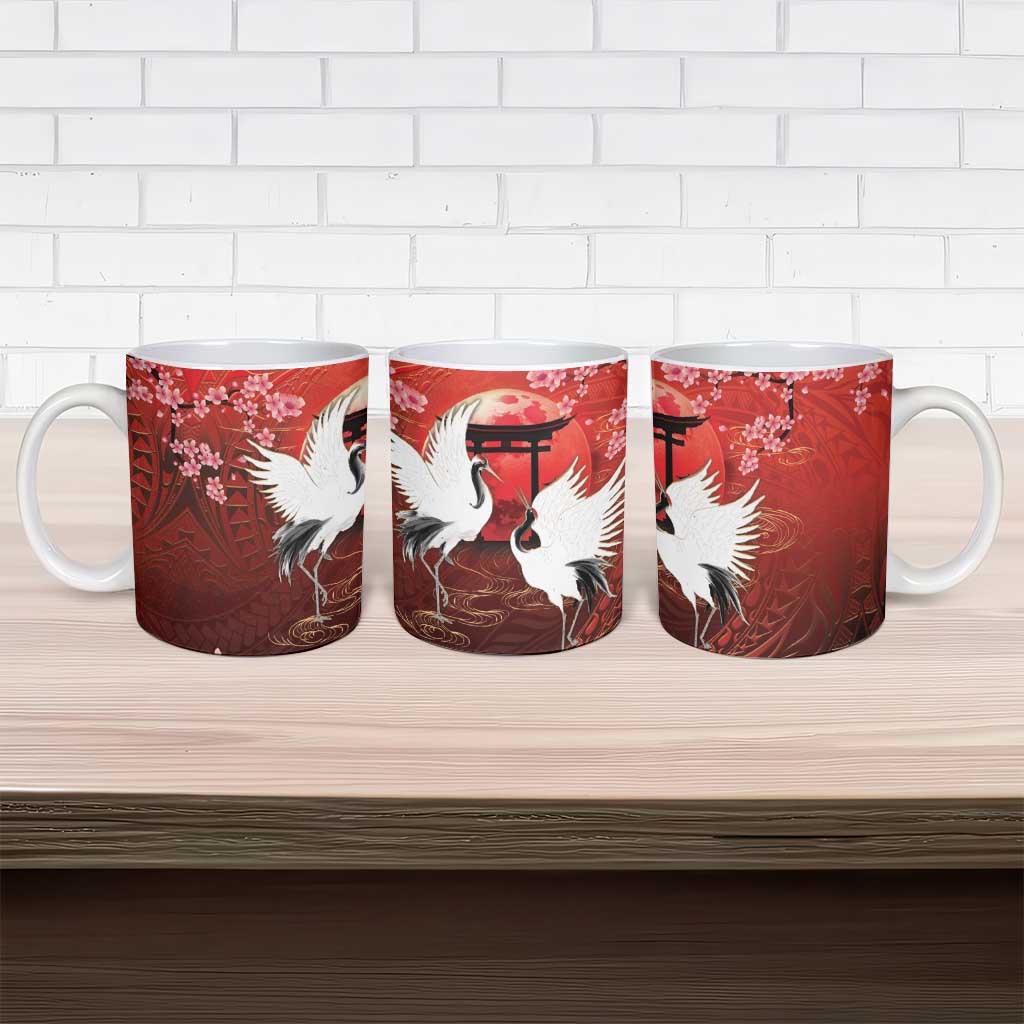 Hawaii and Japan Together Ceramic Mug Polynesian Art Tattoo With Cranes And Sakura LT05 - Polynesian Pride