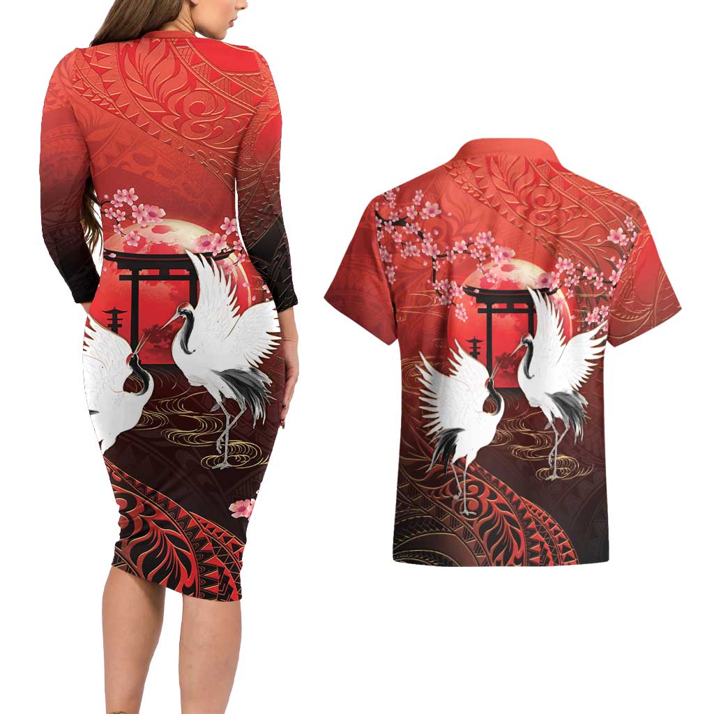 Hawaii and Japan Together Couples Matching Long Sleeve Bodycon Dress and Hawaiian Shirt Polynesian Art Tattoo With Cranes And Sakura LT05 - Polynesian Pride