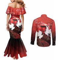 Hawaii and Japan Together Couples Matching Mermaid Dress and Long Sleeve Button Shirt Polynesian Art Tattoo With Cranes And Sakura LT05 - Polynesian Pride