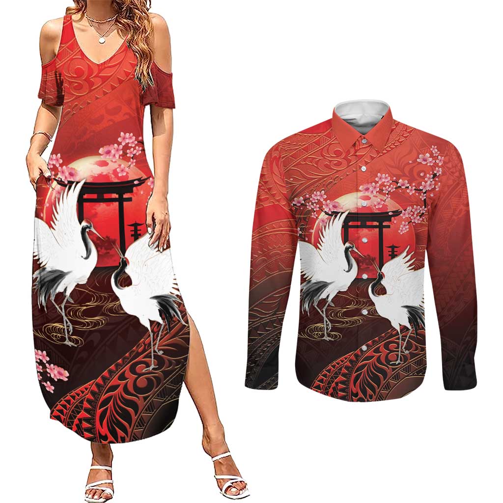 Hawaii and Japan Together Couples Matching Summer Maxi Dress and Long Sleeve Button Shirt Polynesian Art Tattoo With Cranes And Sakura - Polynesian Pride