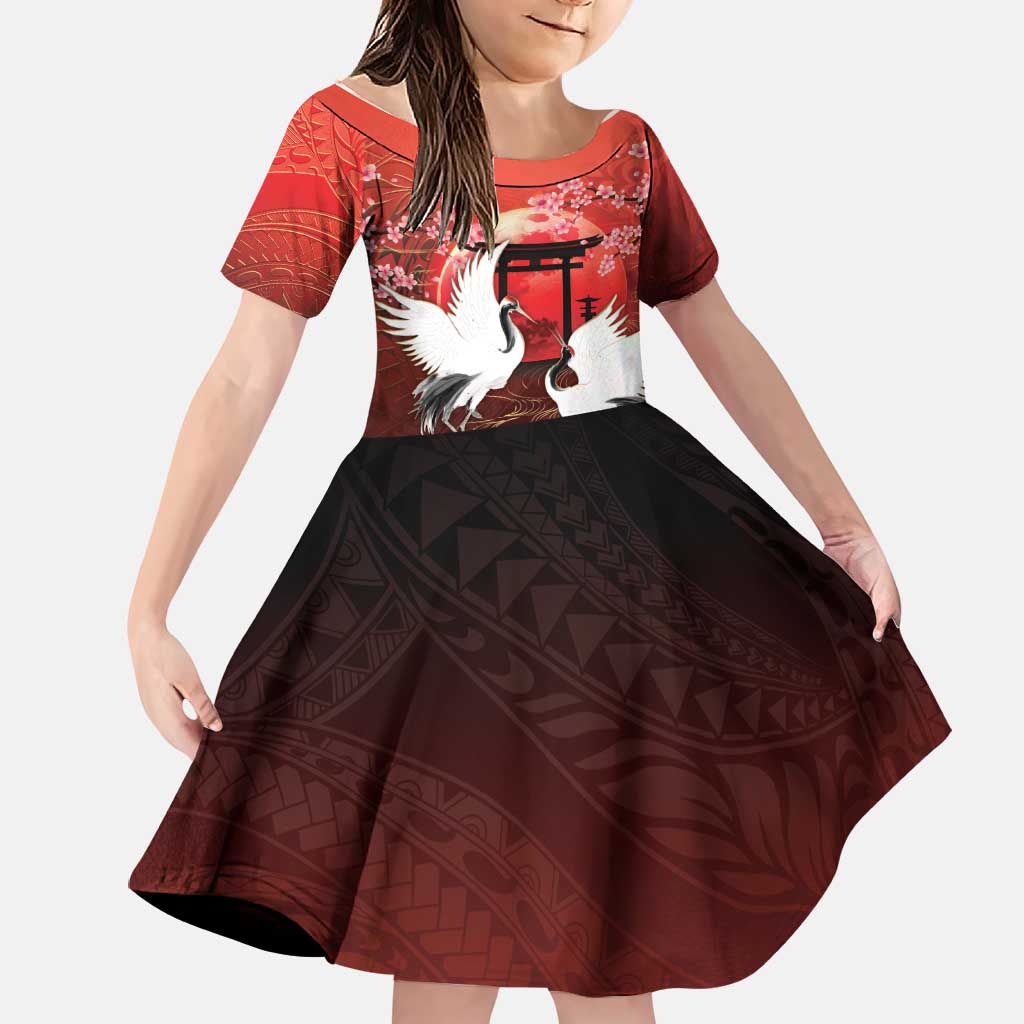 Hawaii and Japan Together Family Matching Off Shoulder Maxi Dress and Hawaiian Shirt Polynesian Art Tattoo With Cranes And Sakura LT05 Daughter's Dress Red - Polynesian Pride