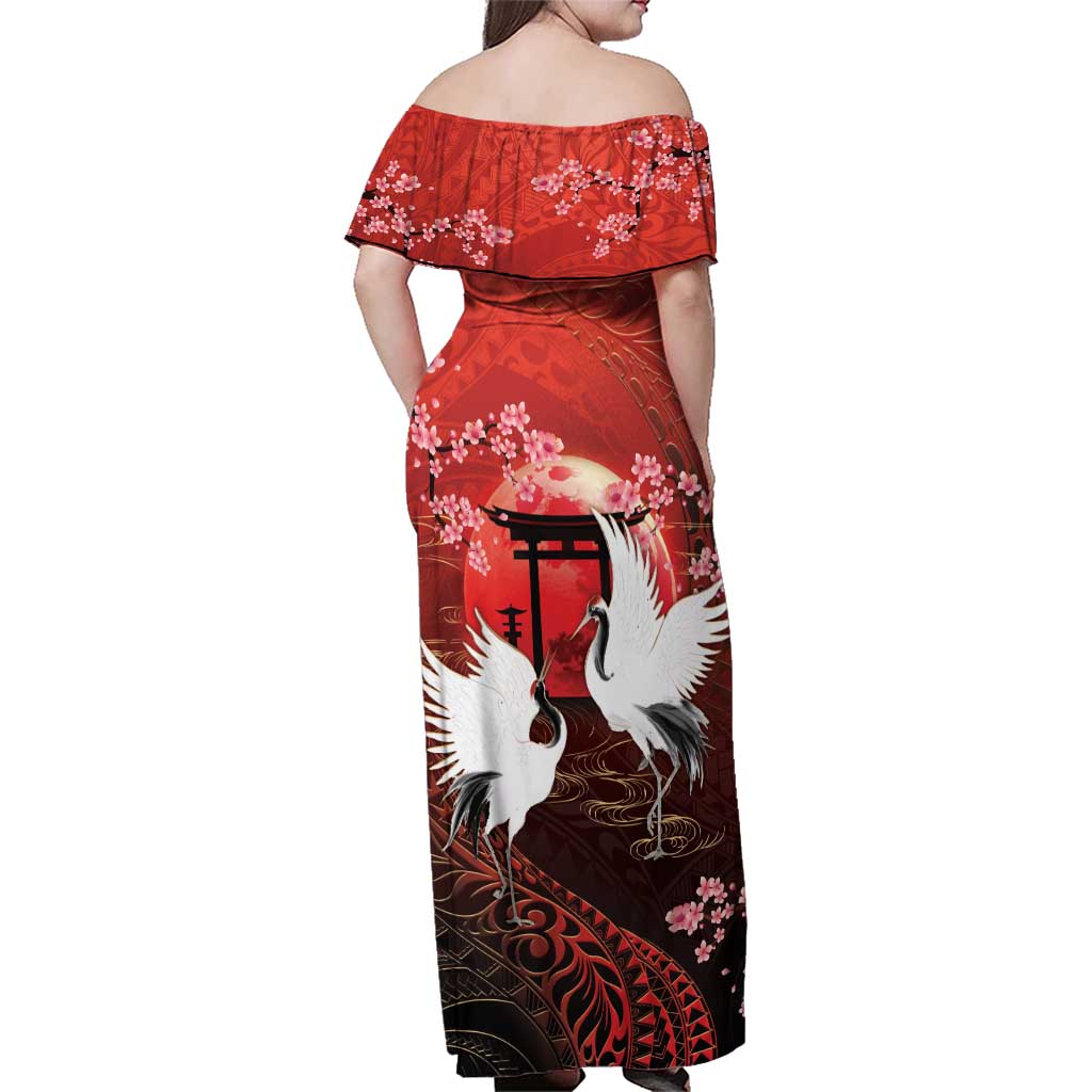 Hawaii and Japan Together Family Matching Off Shoulder Maxi Dress and Hawaiian Shirt Polynesian Art Tattoo With Cranes And Sakura LT05 - Polynesian Pride