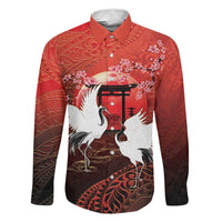 Hawaii and Japan Together Family Matching Off Shoulder Short Dress and Hawaiian Shirt Polynesian Art Tattoo With Cranes And Sakura LT05 Dad's Shirt - Long Sleeve Red - Polynesian Pride