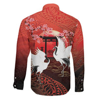 Hawaii and Japan Together Family Matching Off Shoulder Short Dress and Hawaiian Shirt Polynesian Art Tattoo With Cranes And Sakura LT05 - Polynesian Pride