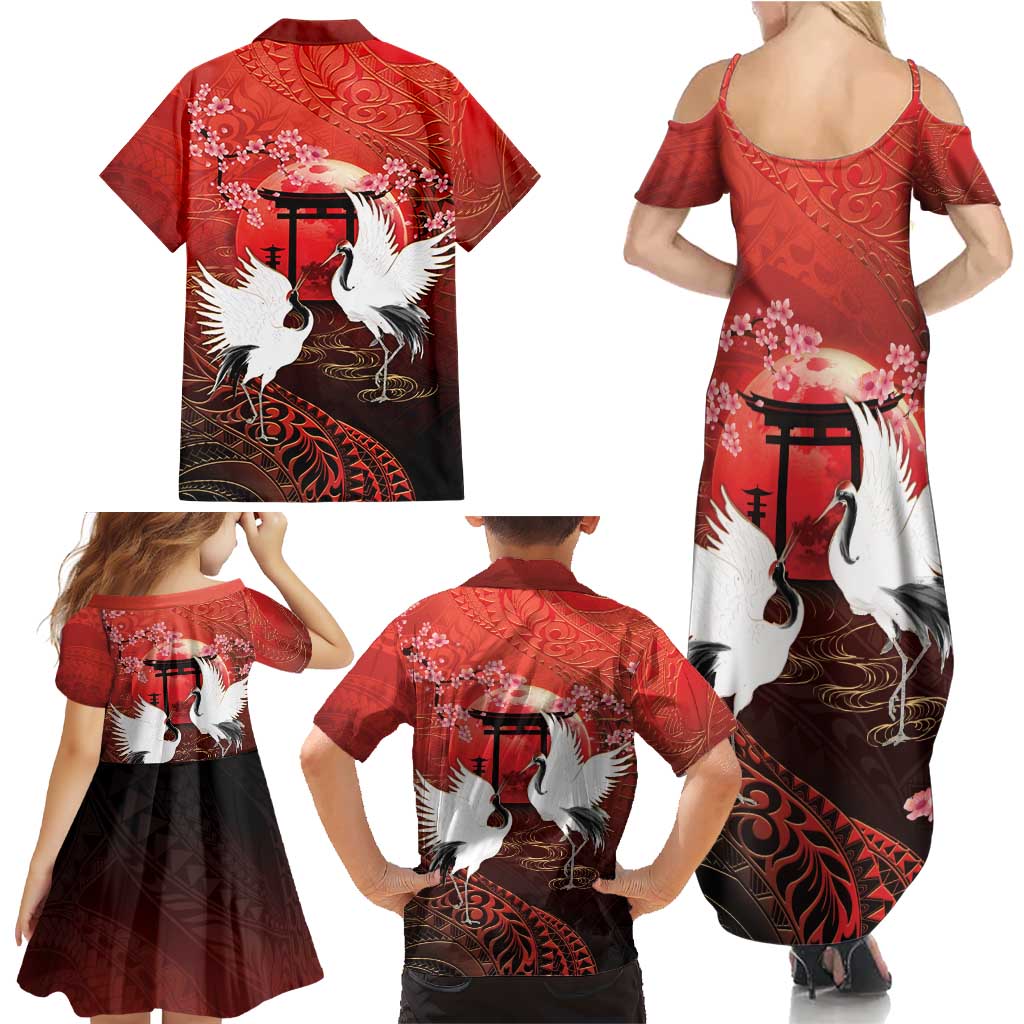 Hawaii and Japan Together Family Matching Summer Maxi Dress and Hawaiian Shirt Polynesian Art Tattoo With Cranes And Sakura LT05 - Polynesian Pride