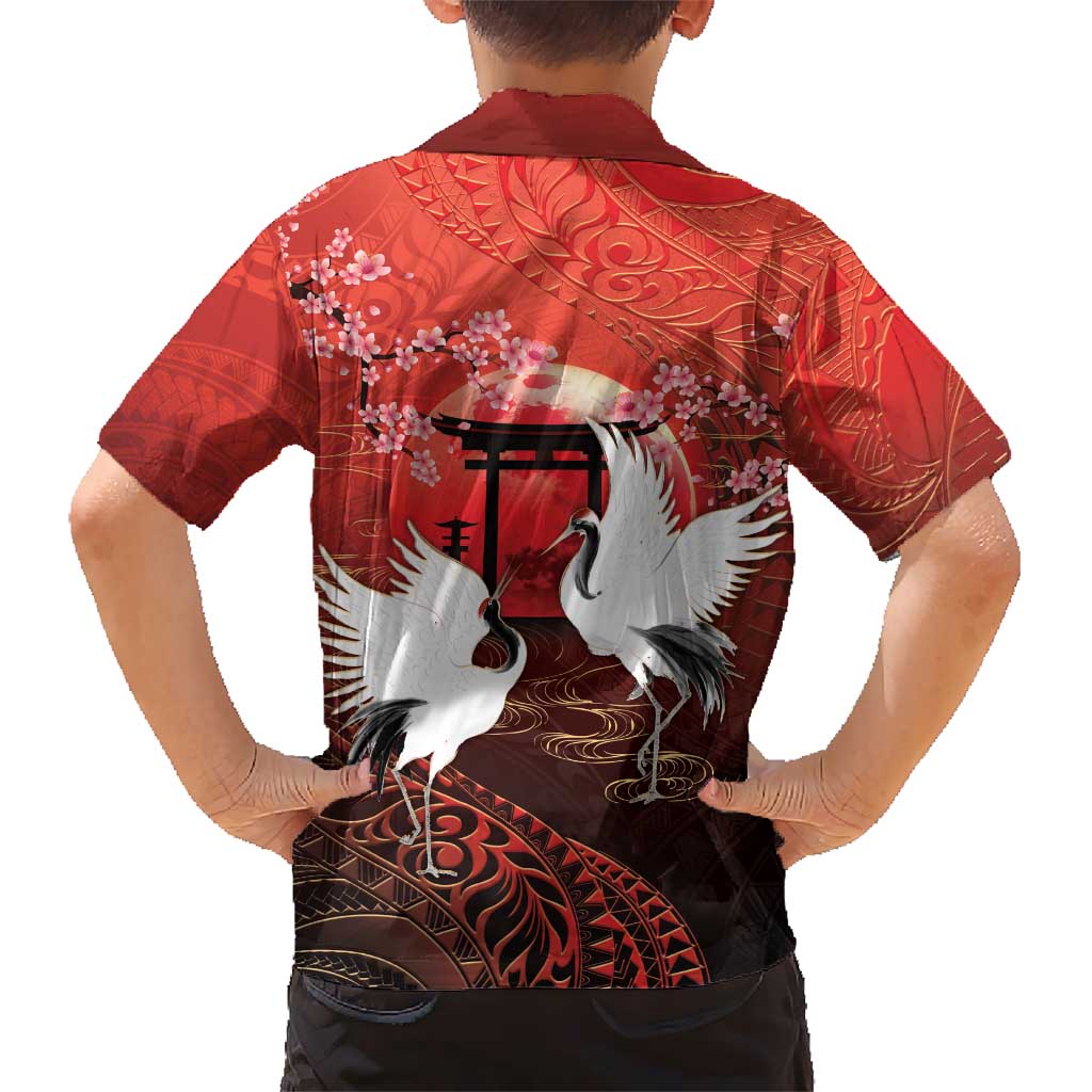 Hawaii and Japan Together Family Matching Tank Maxi Dress and Hawaiian Shirt Polynesian Art Tattoo With Cranes And Sakura LT05 - Polynesian Pride