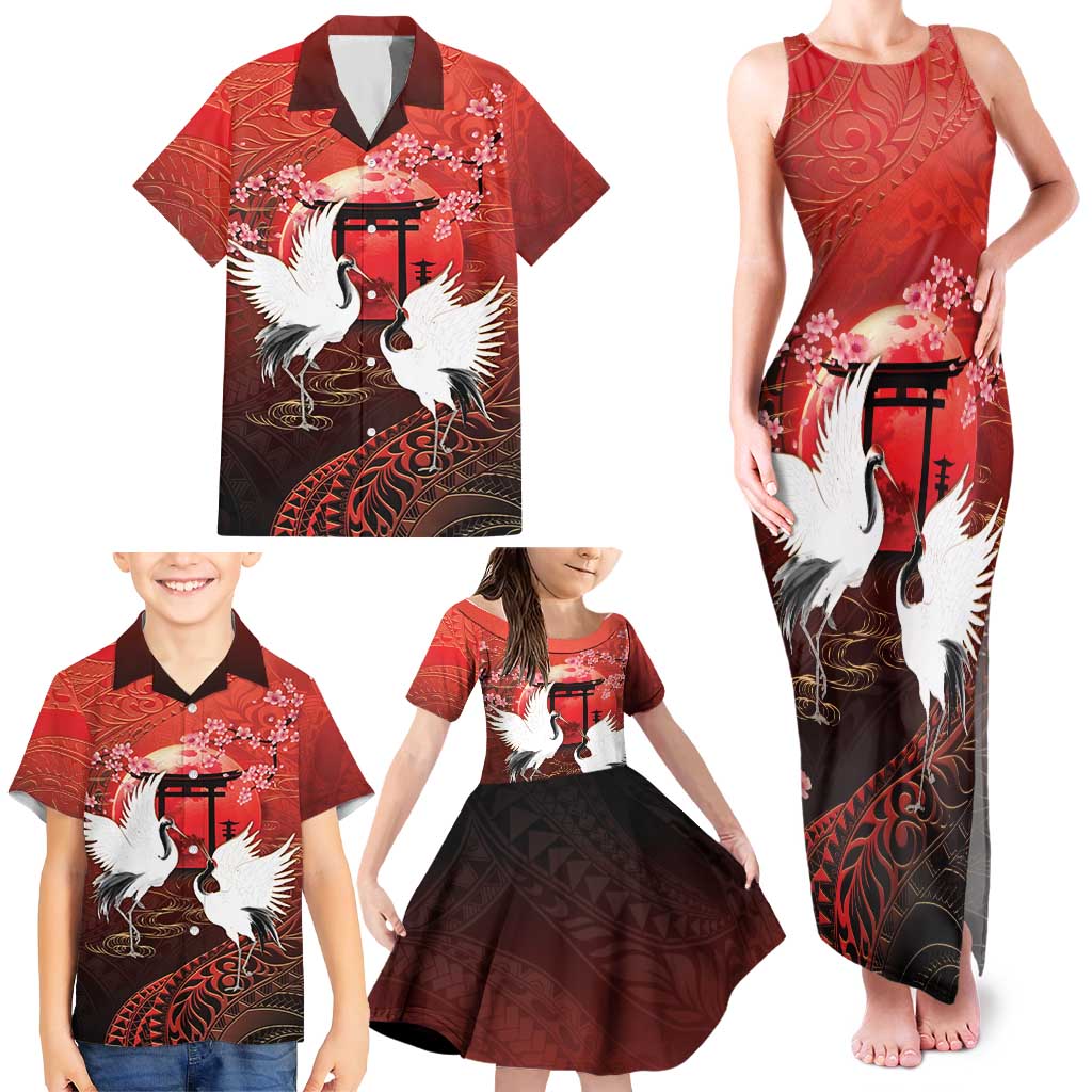 Hawaii and Japan Together Family Matching Tank Maxi Dress and Hawaiian Shirt Polynesian Art Tattoo With Cranes And Sakura LT05 - Polynesian Pride