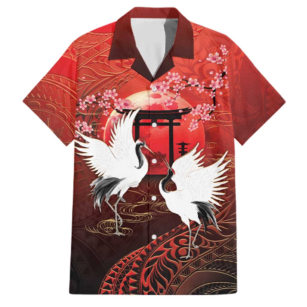 Hawaii and Japan Together Family Matching Tank Maxi Dress and Hawaiian Shirt Polynesian Art Tattoo With Cranes And Sakura LT05 Dad's Shirt - Short Sleeve Red - Polynesian Pride
