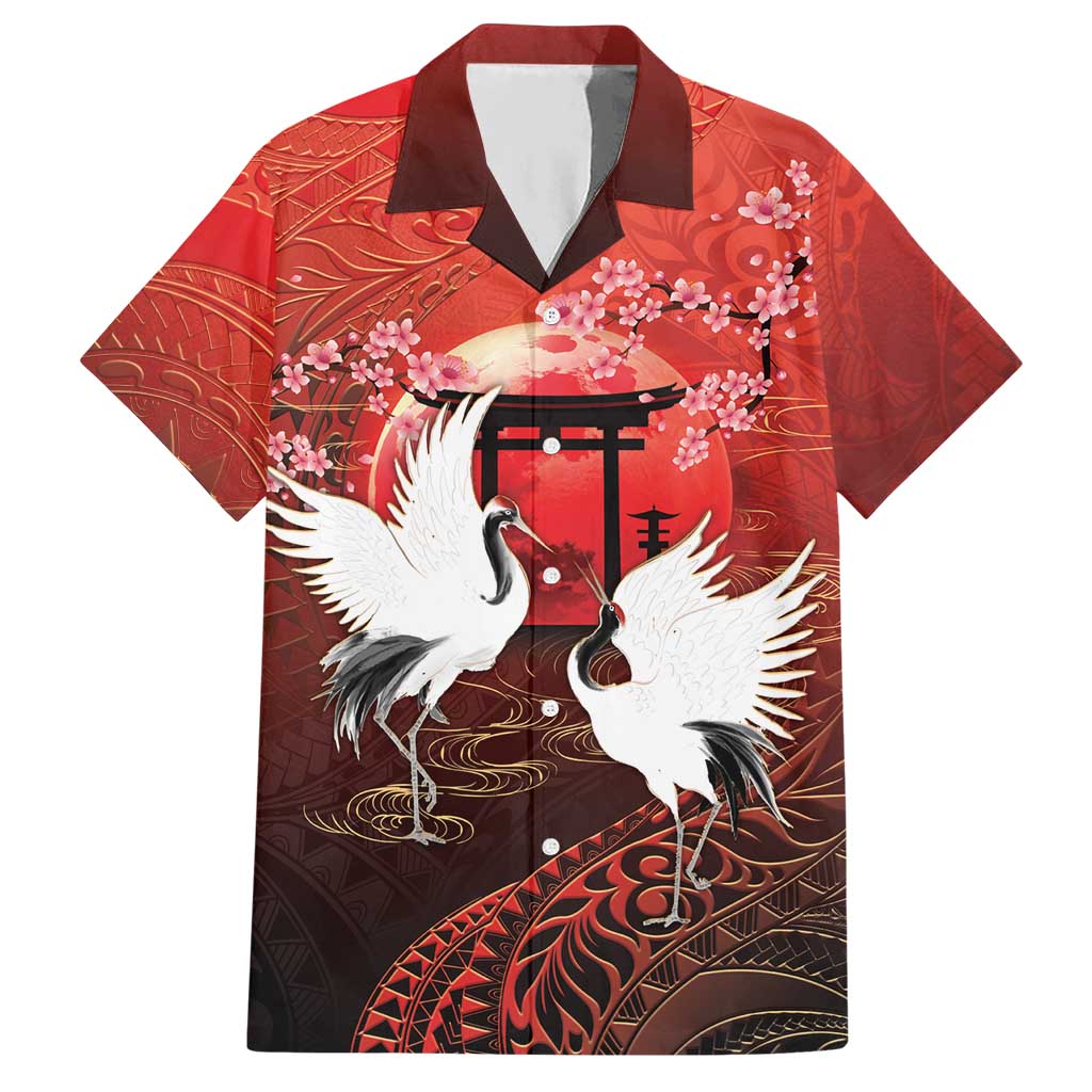 Hawaii and Japan Together Hawaiian Shirt Polynesian Art Tattoo With Cranes And Sakura LT05 Red - Polynesian Pride