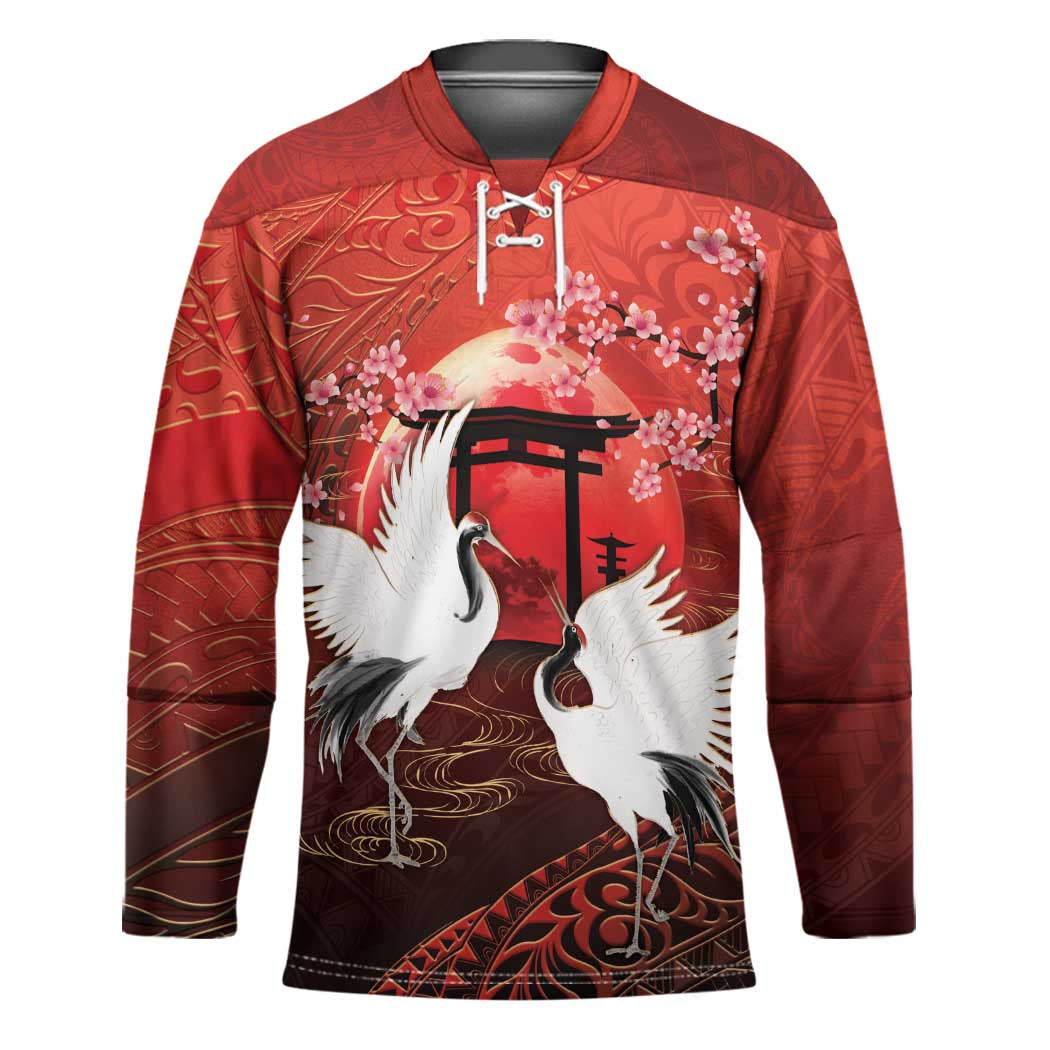 Hawaii and Japan Together Hockey Jersey Polynesian Art Tattoo With Cranes And Sakura - Polynesian Pride
