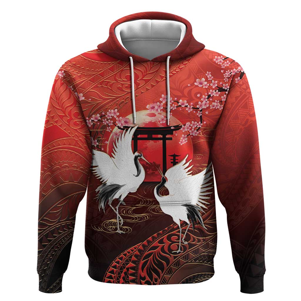 Hawaii and Japan Together Hoodie Polynesian Art Tattoo With Cranes And Sakura LT05 Pullover Hoodie Red - Polynesian Pride