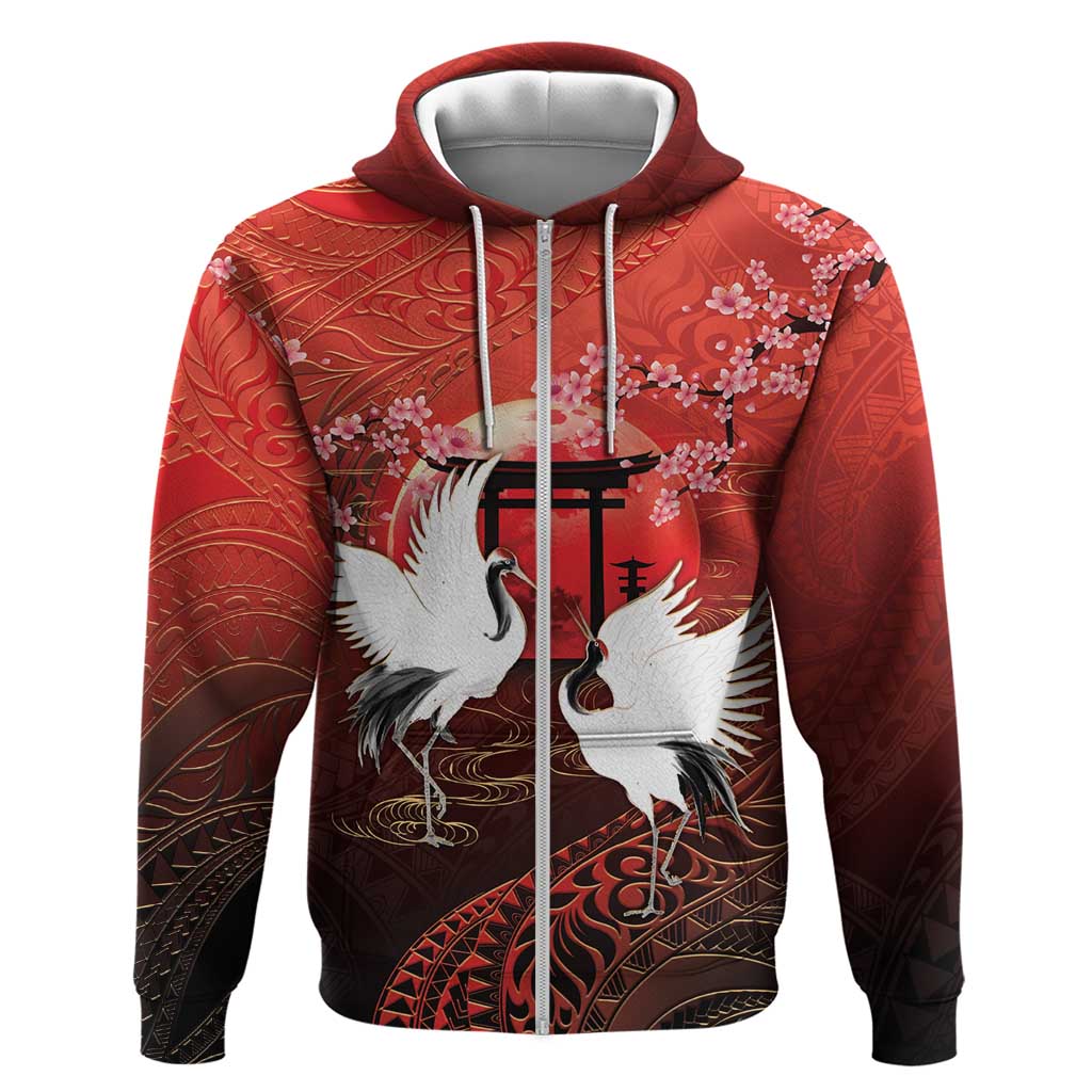 Hawaii and Japan Together Hoodie Polynesian Art Tattoo With Cranes And Sakura LT05 Zip Hoodie Red - Polynesian Pride