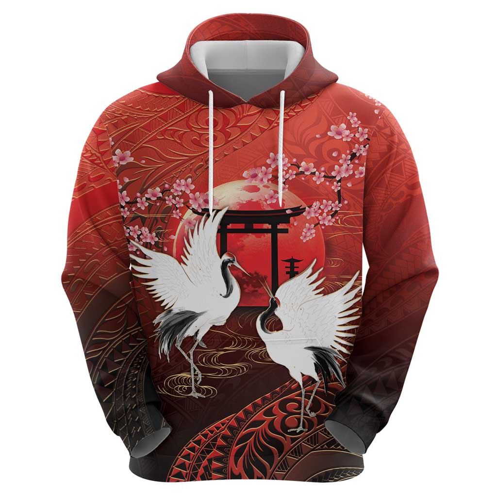 Hawaii and Japan Together Hoodie Polynesian Art Tattoo With Cranes And Sakura LT05 - Polynesian Pride