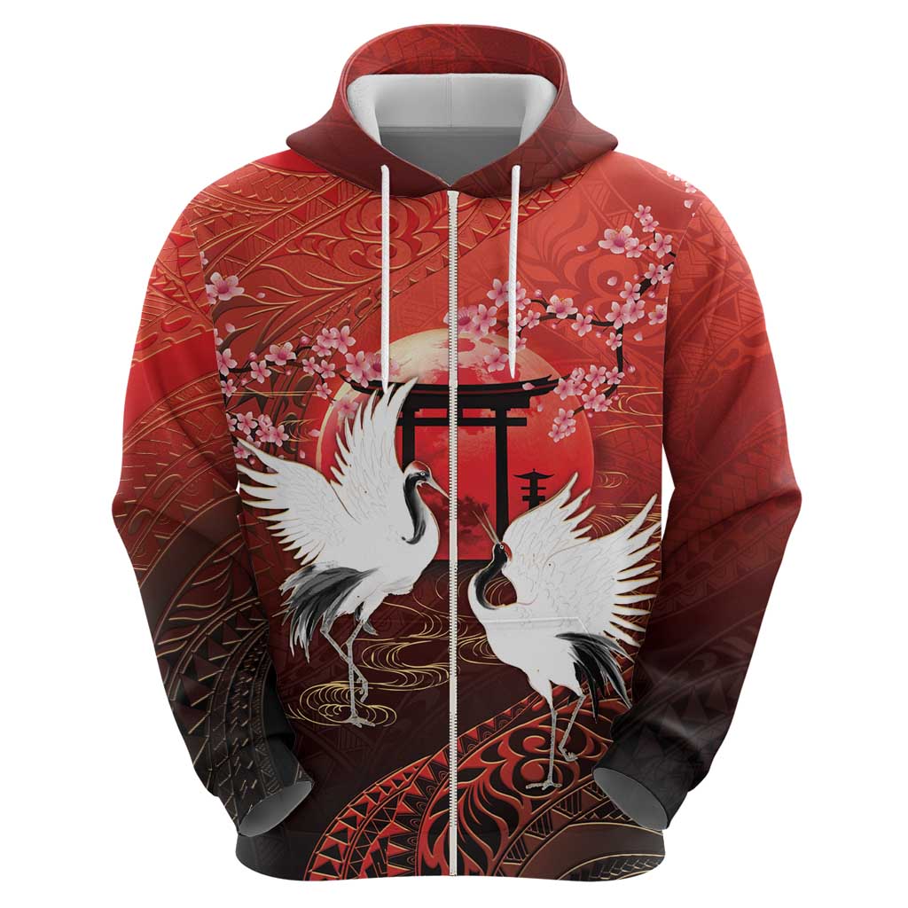Hawaii and Japan Together Hoodie Polynesian Art Tattoo With Cranes And Sakura LT05 - Polynesian Pride