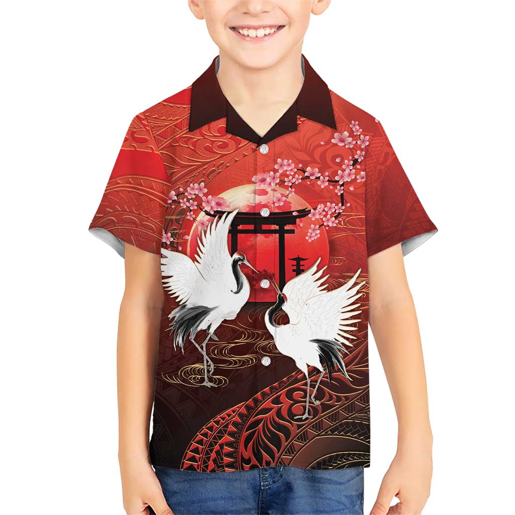Hawaii and Japan Together Kid Hawaiian Shirt Polynesian Art Tattoo With Cranes And Sakura - Polynesian Pride