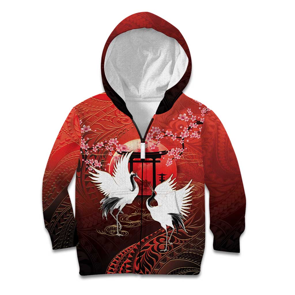Hawaii and Japan Together Kid Hoodie Polynesian Art Tattoo With Cranes And Sakura LT05 Zip Hoodie Red - Polynesian Pride
