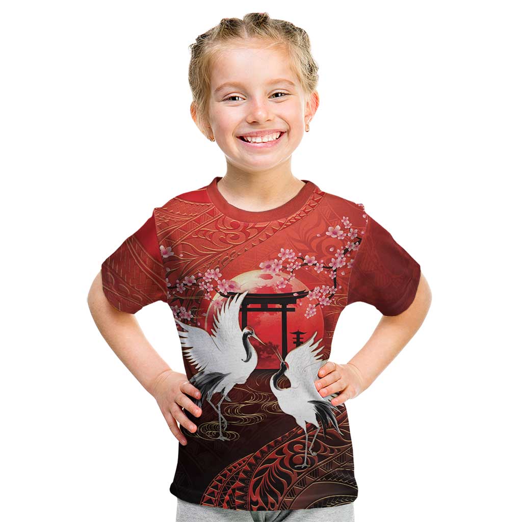Hawaii and Japan Together Kid T Shirt Polynesian Art Tattoo With Cranes And Sakura LT05 Red - Polynesian Pride