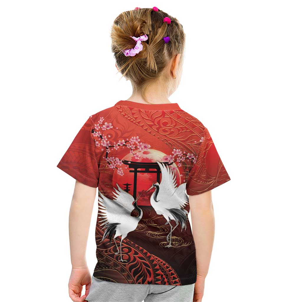 Hawaii and Japan Together Kid T Shirt Polynesian Art Tattoo With Cranes And Sakura LT05 - Polynesian Pride