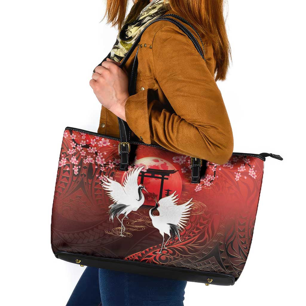 Hawaii and Japan Together Leather Tote Bag Polynesian Art Tattoo With Cranes And Sakura LT05 Red - Polynesian Pride