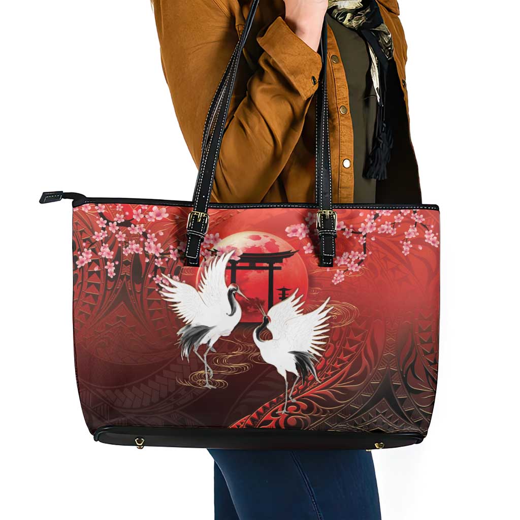 Hawaii and Japan Together Leather Tote Bag Polynesian Art Tattoo With Cranes And Sakura LT05 - Polynesian Pride