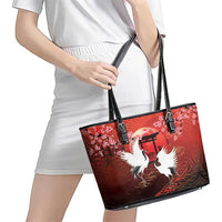 Hawaii and Japan Together Leather Tote Bag Polynesian Art Tattoo With Cranes And Sakura LT05 - Polynesian Pride