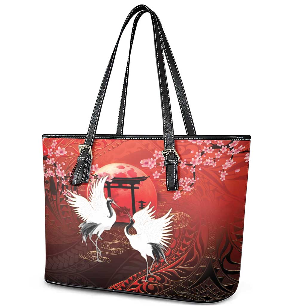 Hawaii and Japan Together Leather Tote Bag Polynesian Art Tattoo With Cranes And Sakura LT05 - Polynesian Pride