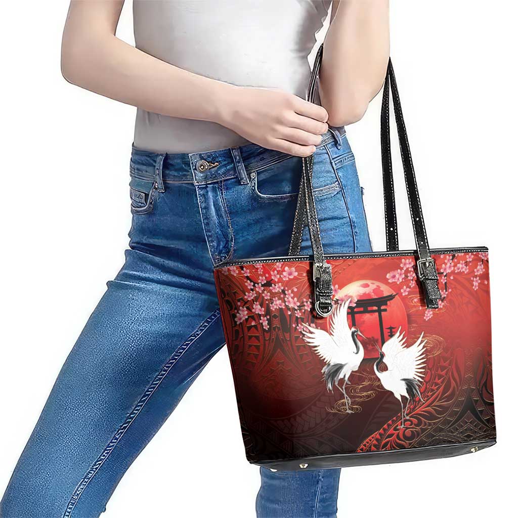 Hawaii and Japan Together Leather Tote Bag Polynesian Art Tattoo With Cranes And Sakura LT05 - Polynesian Pride