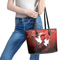 Hawaii and Japan Together Leather Tote Bag Polynesian Art Tattoo With Cranes And Sakura LT05 - Polynesian Pride