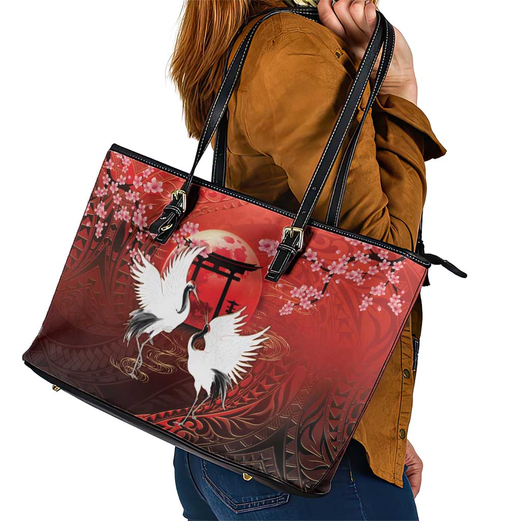 Hawaii and Japan Together Leather Tote Bag Polynesian Art Tattoo With Cranes And Sakura LT05 - Polynesian Pride