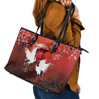 Hawaii and Japan Together Leather Tote Bag Polynesian Art Tattoo With Cranes And Sakura LT05 - Polynesian Pride