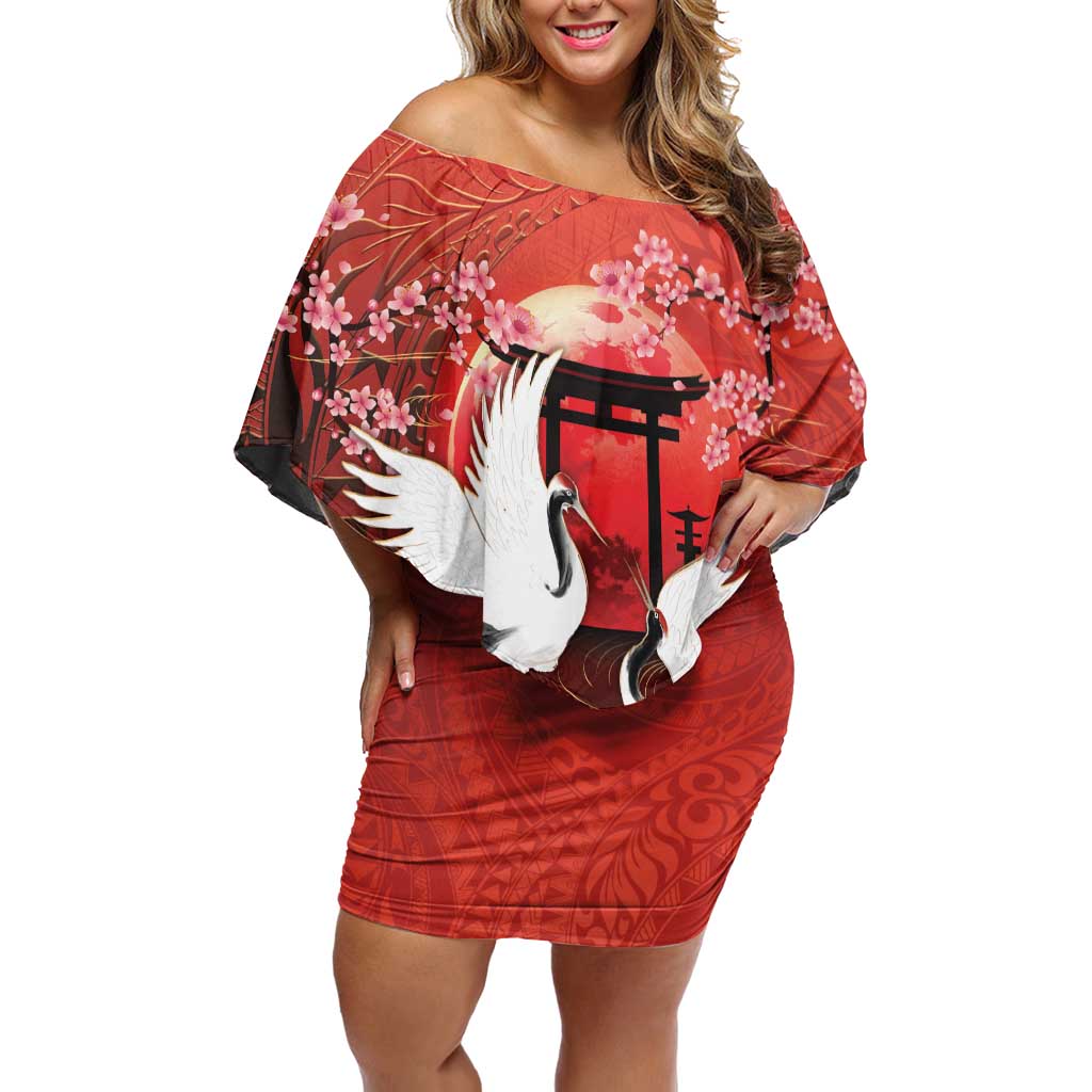 Hawaii and Japan Together Off Shoulder Short Dress Polynesian Art Tattoo With Cranes And Sakura - Polynesian Pride