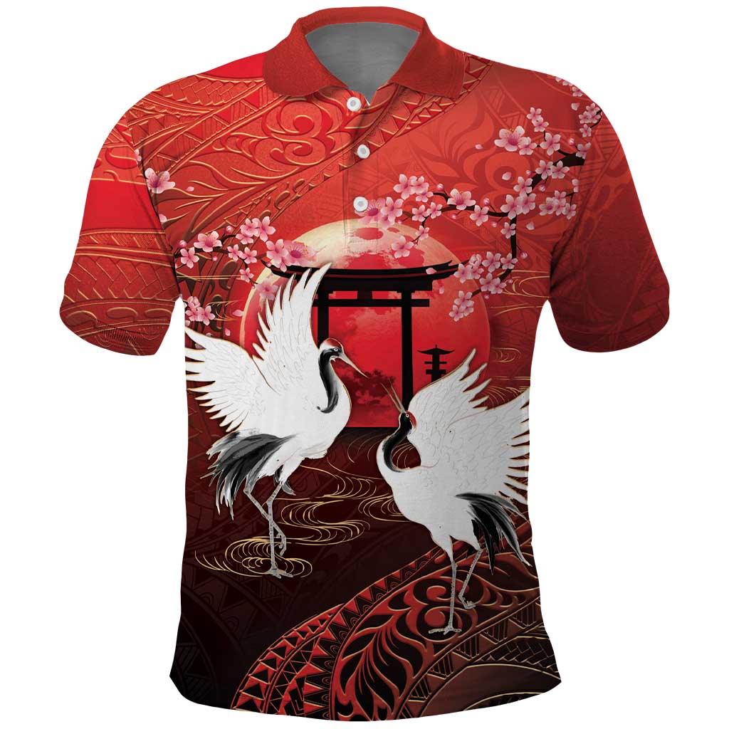 Hawaii and Japan Together Polo Shirt Polynesian Art Tattoo With Cranes And Sakura LT05 Red - Polynesian Pride