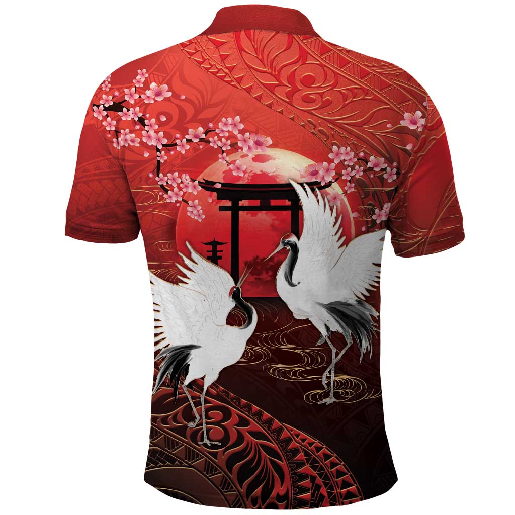 Hawaii and Japan Together Polo Shirt Polynesian Art Tattoo With Cranes And Sakura LT05 - Polynesian Pride