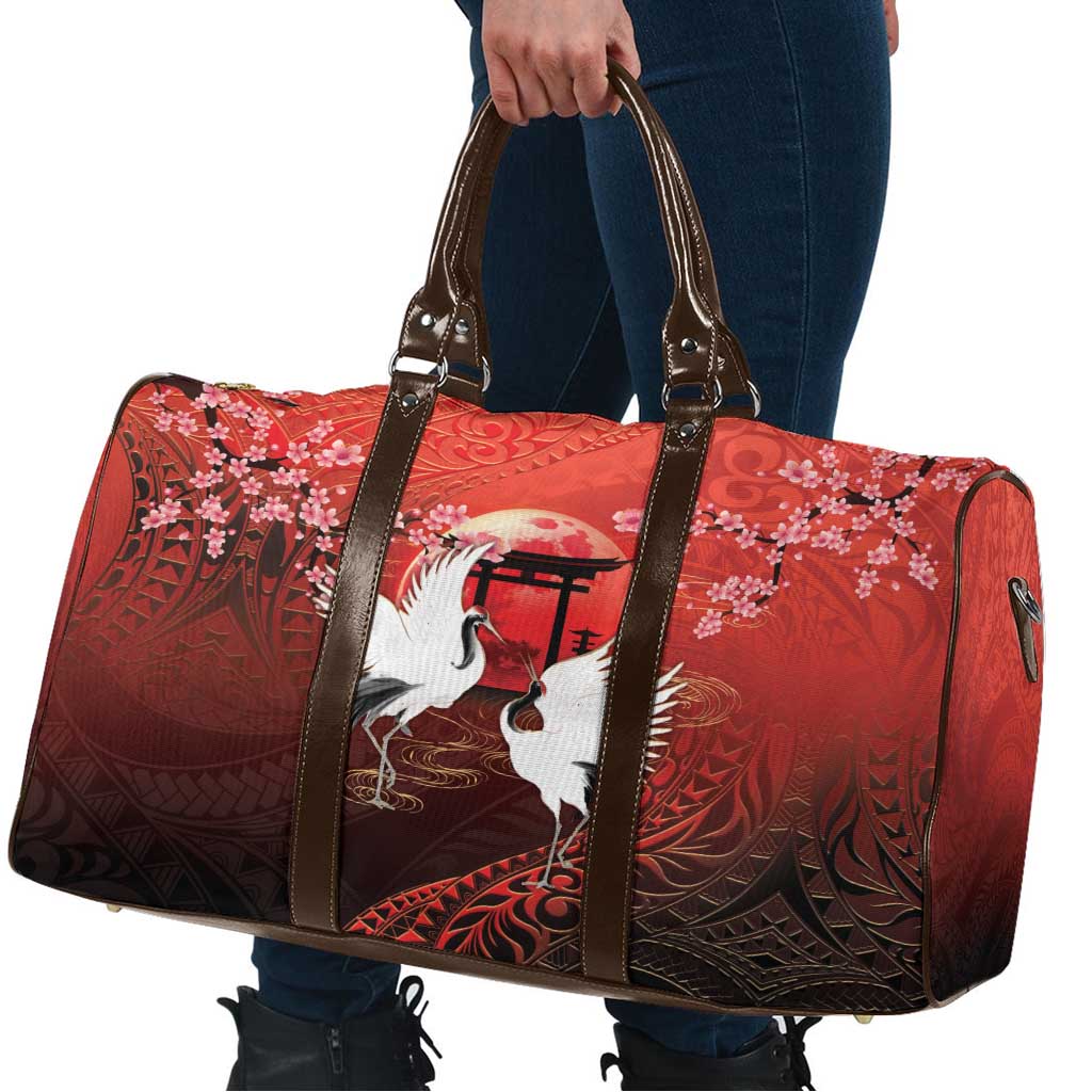 Hawaii and Japan Together Travel Bag Polynesian Art Tattoo With Cranes And Sakura LT05 - Polynesian Pride