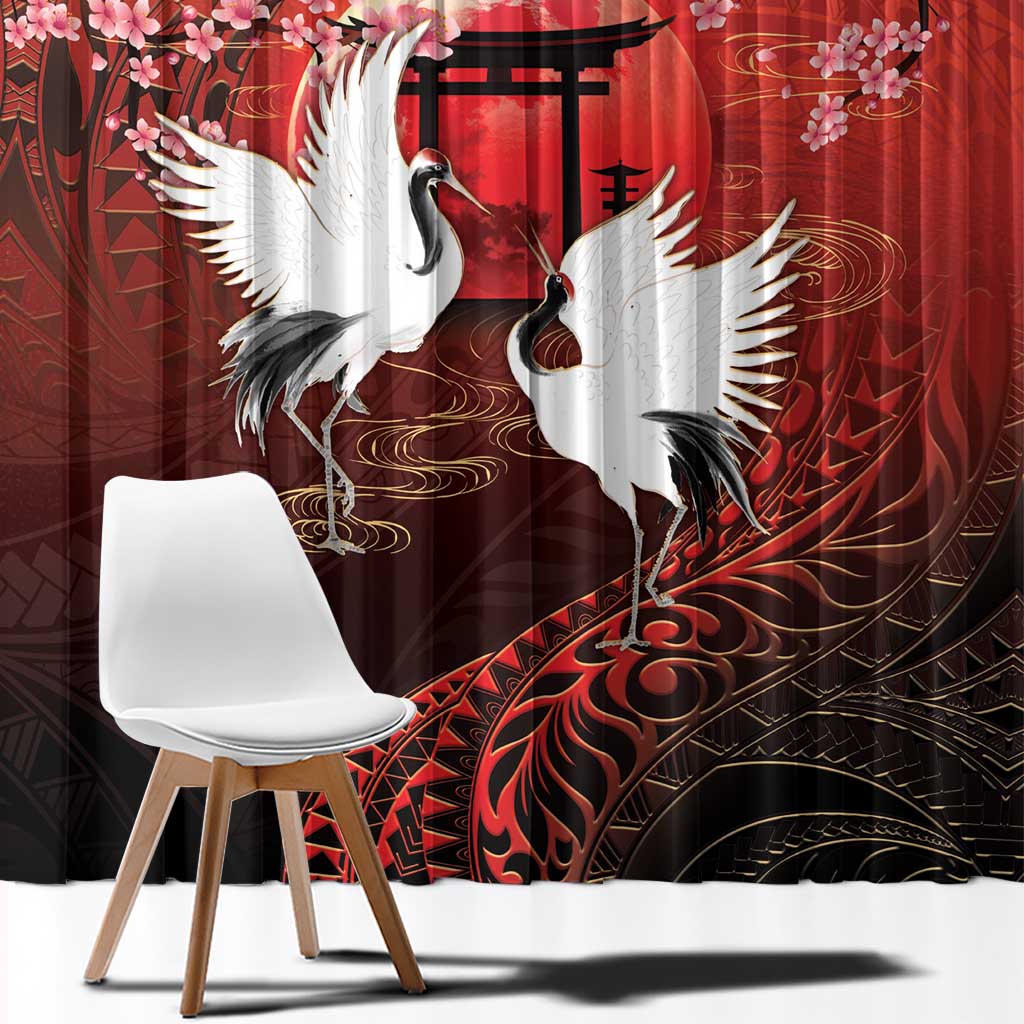 Hawaii and Japan Together Window Curtain Polynesian Art Tattoo With Cranes And Sakura LT05 - Polynesian Pride