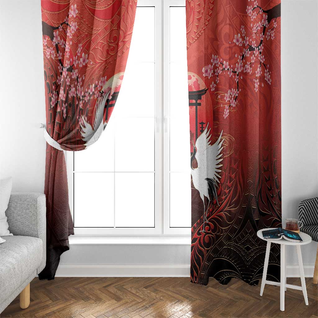 Hawaii and Japan Together Window Curtain Polynesian Art Tattoo With Cranes And Sakura LT05 - Polynesian Pride