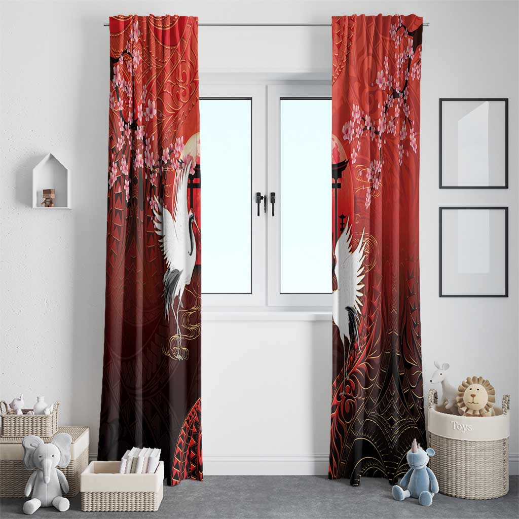Hawaii and Japan Together Window Curtain Polynesian Art Tattoo With Cranes And Sakura LT05 - Polynesian Pride