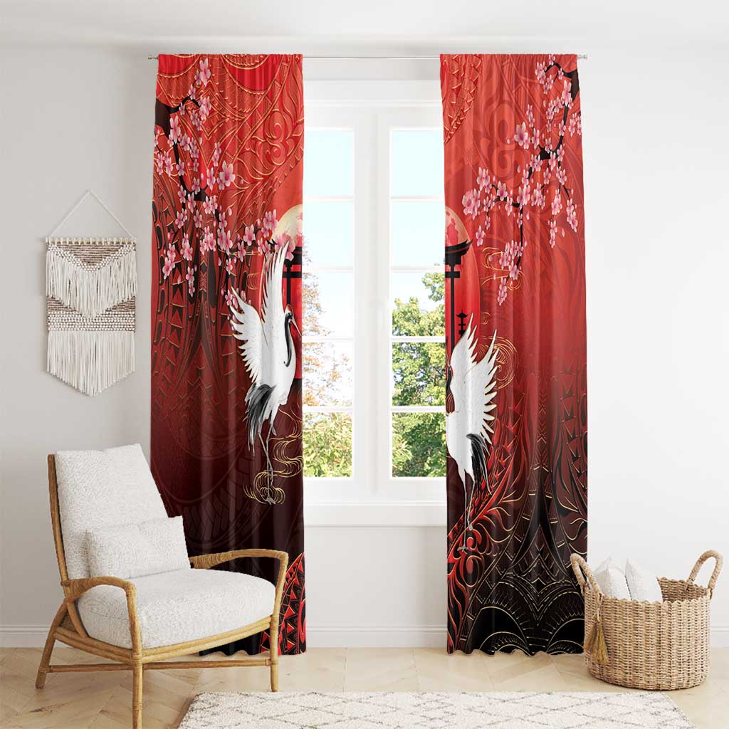Hawaii and Japan Together Window Curtain Polynesian Art Tattoo With Cranes And Sakura LT05 - Polynesian Pride