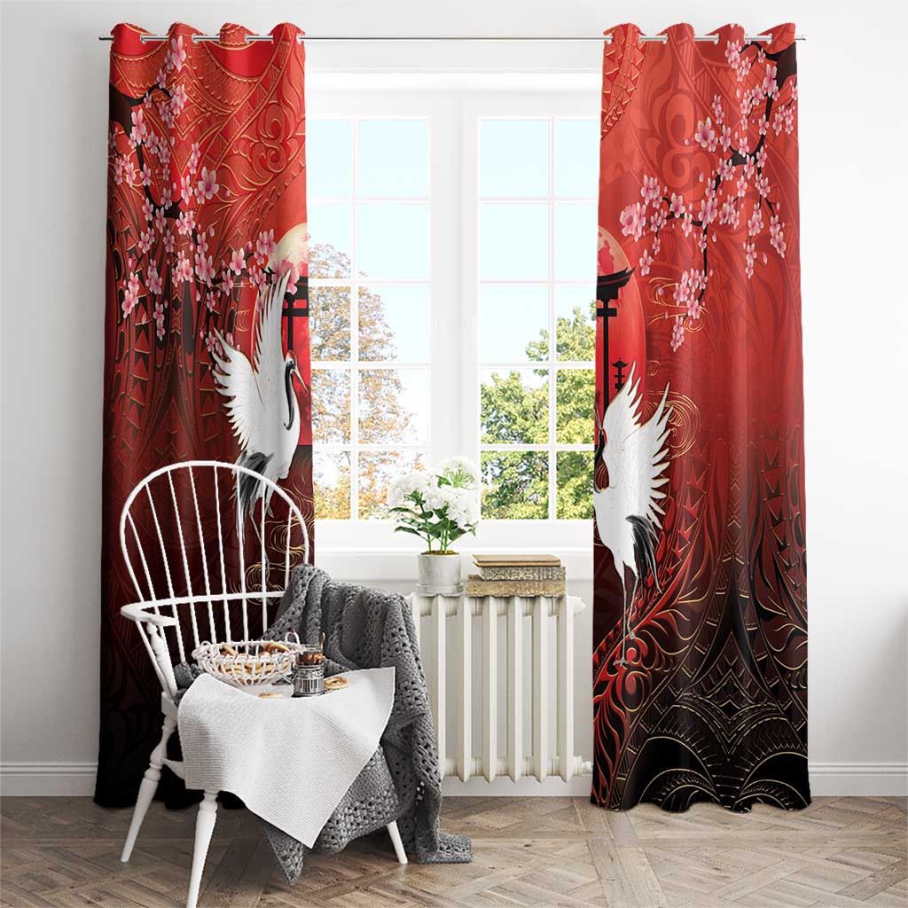 Hawaii and Japan Together Window Curtain Polynesian Art Tattoo With Cranes And Sakura LT05 - Polynesian Pride