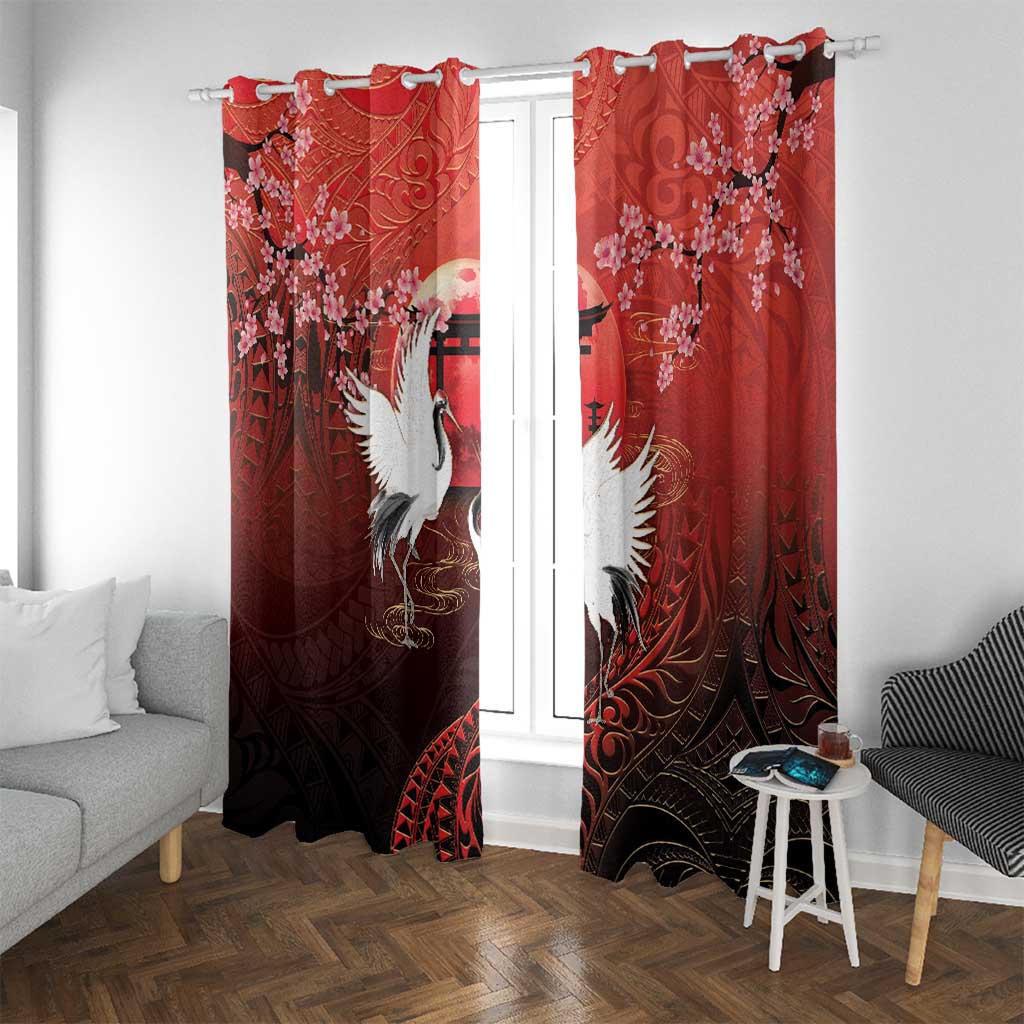 Hawaii and Japan Together Window Curtain Polynesian Art Tattoo With Cranes And Sakura LT05 With Grommets Red - Polynesian Pride